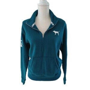 Victorias Secret Pink Small Teal Sweatshirt Dog Logo 1/4 Zip Pullover Y2K